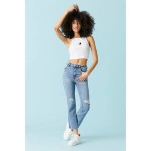 REFUGE KICK FLARE High Waisted Medium Wash Raw Hem Cropped Flare Jeans Size 13